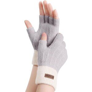 Women's White Gray Fingerless Half Finger Knitted Mittens Gloves Cold Weather